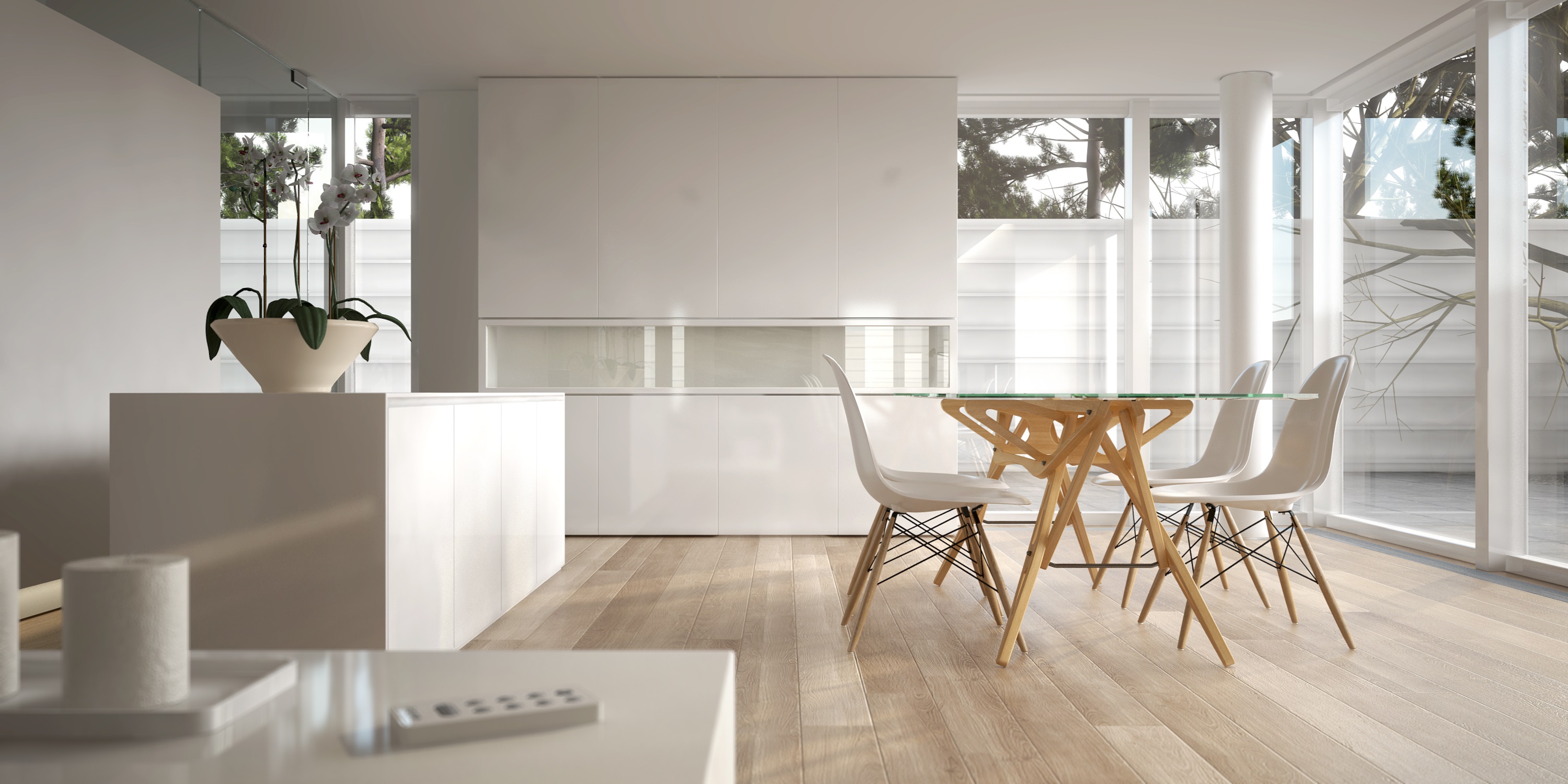 White modern interior with table and chairs