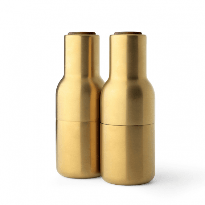 Audo Copenhagen Bottle Grinders | Brushed Brass | Walnut Top | Set of 2