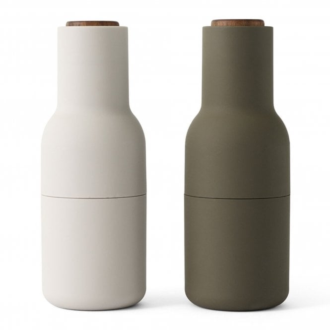 Audo Copenhagen Bottle Grinders | Hunting Green & Beige | Walnut Top | Set of 2