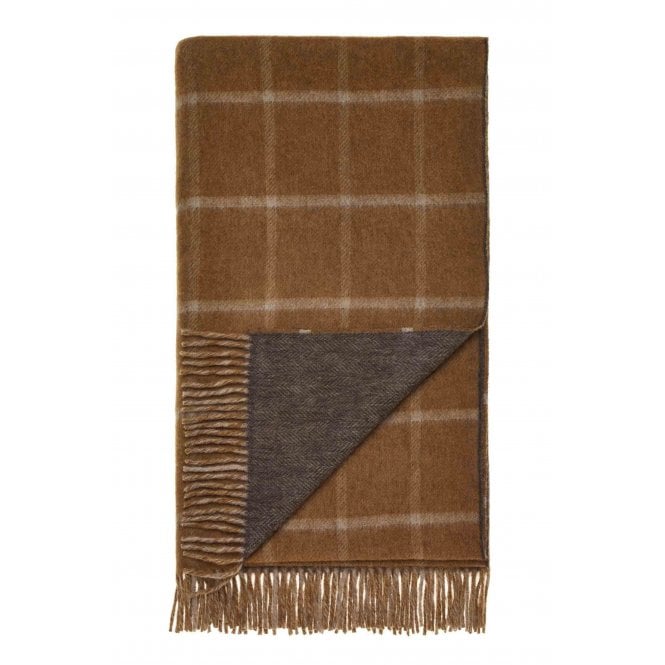 Bronte By Moon Merino Lambswool Throw | Double-sided | Herringbone & Check | Chocolate & Camel