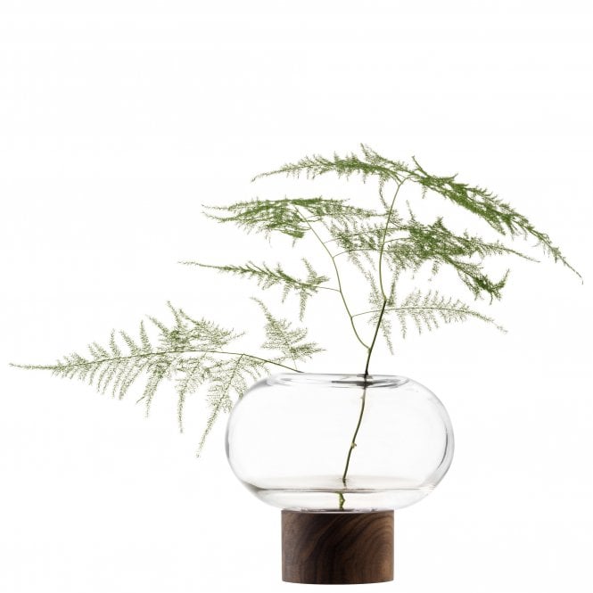 LSA International Oblate Clear Glass Vase with Walnut Base | 13.5cm