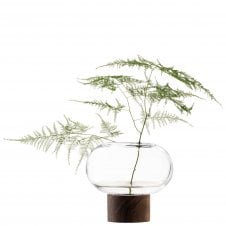 Oblate Clear Glass Vase with Walnut Base | 13.5cm