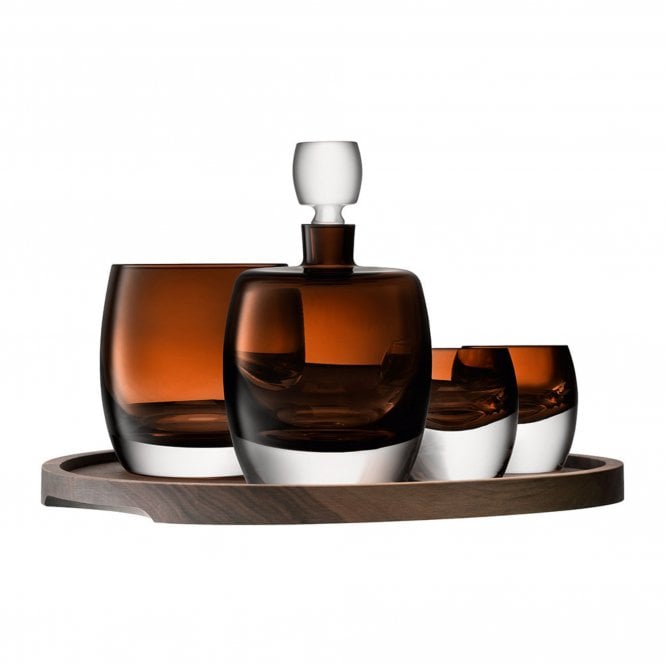 LSA International Whisky Club Connoisseur Set & Walnut Tray - Peat Brown