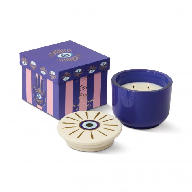 Paddywax Charmed 8oz/226g Blue Glass Candle with Evil Eye Lid | Incense & Smoke