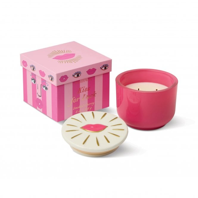 Paddywax Charmed 8oz/226g Pink Glass Candle with Lips Lid | Smoked Cherry