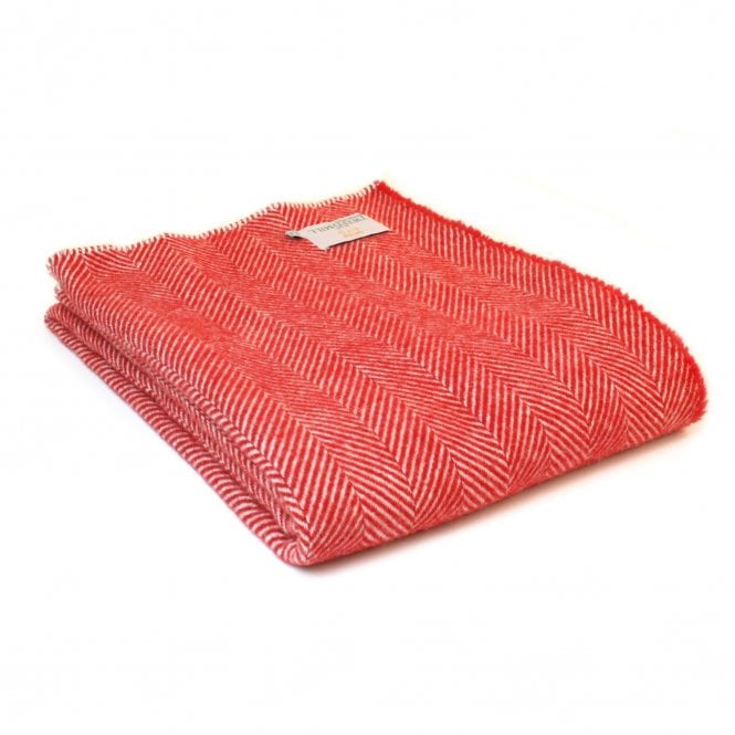 Tweedmill Textiles Pure New Wool Fishbone Throw | Red | Cream Blanket Stitch Edge